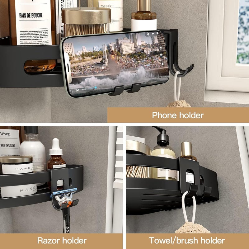 VOLPONE Corner Shower Caddy with Razor Holder Adhesive Shower Shelf Corner No Drilling (adhesive mounting, no suction cup) Bathroom Shower Organizer Storage Rack (2-Pack, Black) - Image 3